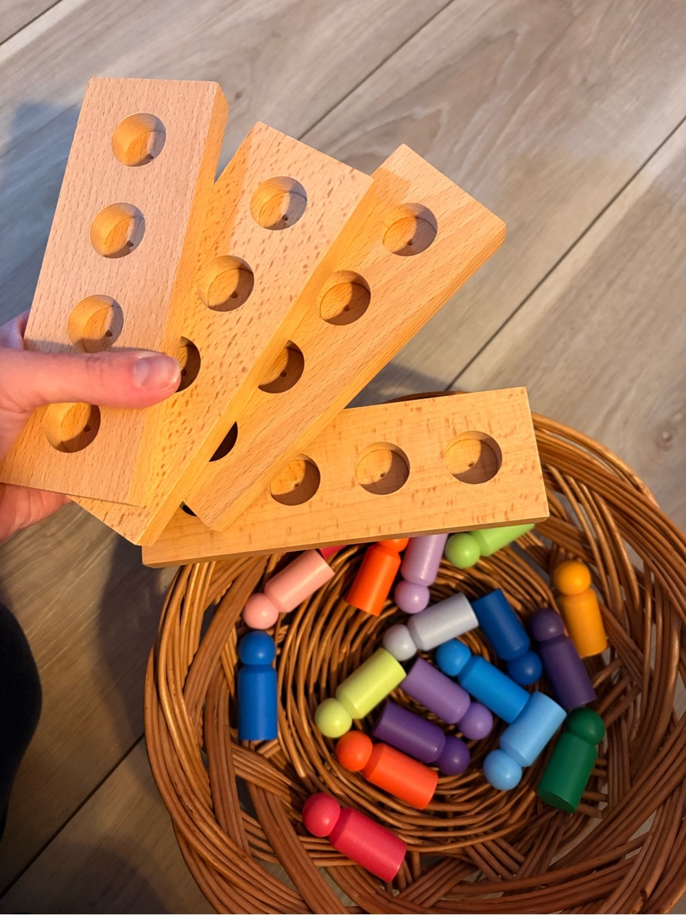 Wooden Peg Doll Set with Natural Blocks - Colorful Rainbow Pegs